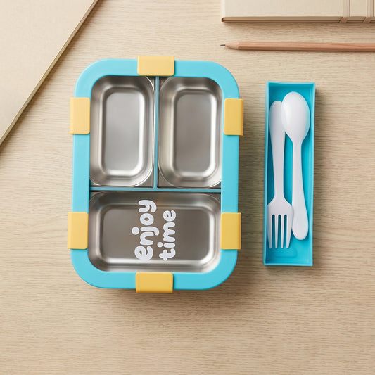 Airtight 3 Compartment Stainless Steel Lunch Box With Spoon Fork 600ml