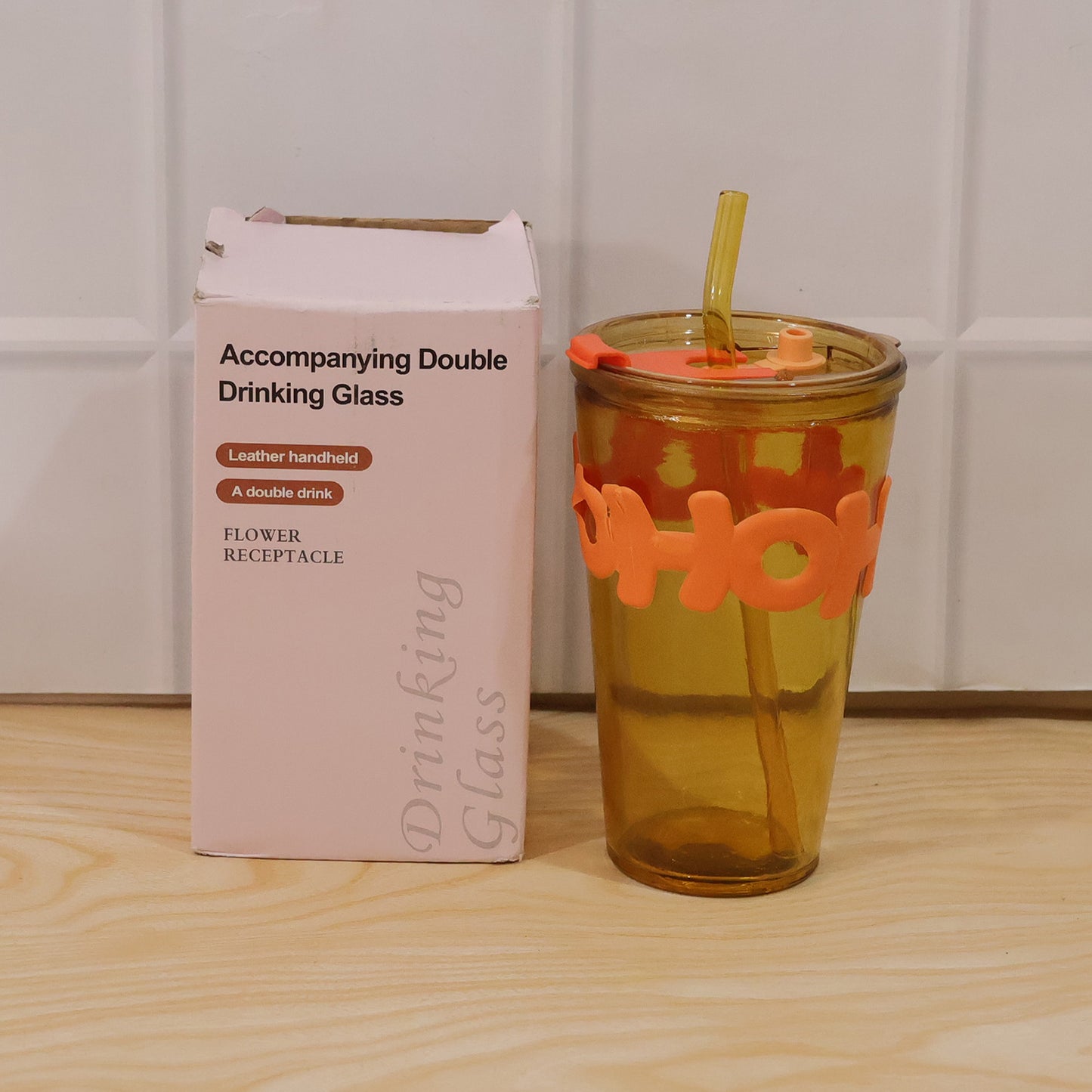 Transparent Glass Tumbler With Lid And Straw (450 Ml)