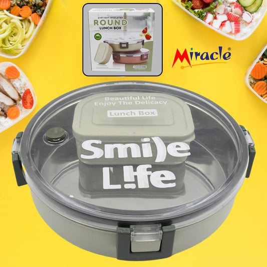 5584 Miracle Stainless Steel Round Lunch Box With Small Plastic Box Insert Leak Proof Lunch Box With Transparent Lid Lunch Box For Kids Adults For School Office (450 Ml + 250 Ml Approx)