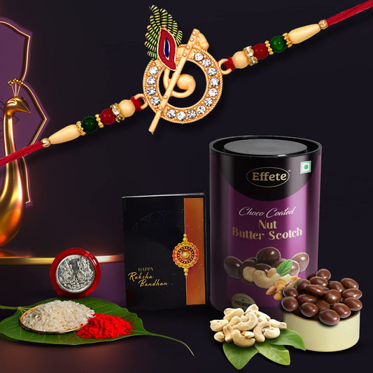 Krishna Flute Rakhi With Choco Nut Butterscotch Coin Tilak Greeting Card Combo