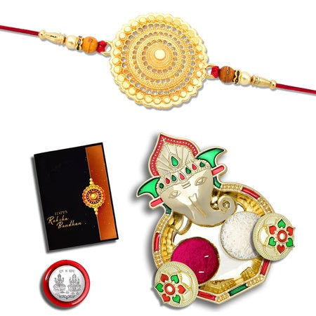 Rakhi Combo With (K1_507_aa1) With Pooja Coin Gold Color Pooja Thali  Tilak Set  Greeting Card Rakhi With Plate  Rakhi Thali Set  Rakhi In Silver  Rakhi Hamper  Handmade Rakhi  Rakhi For Brother Kids  Rakhi For Brother And Bhabhi  Rakhi S