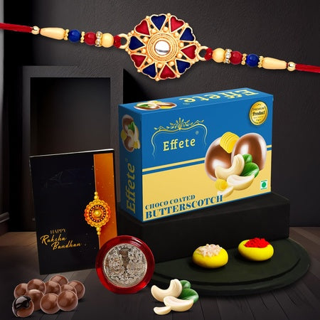 (K1_536_bs32) Multicolor Hearts Diamond Colorful Beads Rakhi Combo With Chocolate Butter Scotch 32gm Silver Color Pooja Coin Roli Chawal  Greeting Card Occasion Rakhi For Brother With Gift Chocolate Gift Pack Rakhi With Chocolate Gift