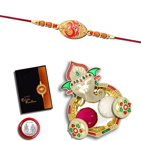 Rakhi Combo (K1_403_aa3) With Pooja Coin Shri Ganesh Pooja Thali  Tilak Set  Greeting Card Rakhi Thali  Rakhi For Brother And Bhabhi  Rakhi With Plate  Rakhi For Kids  Rakhi For Brother And Bhabhi  Handmade Rakh  Rakhi For Brother Kids