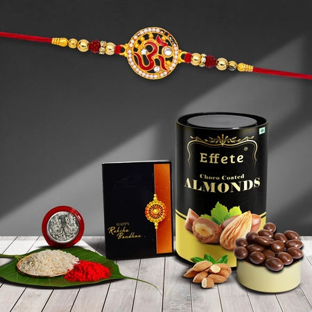 Multicolor Bracelet Rakhi (K1_308_ca)  Chocolate Almonds With Silver Color Pooja Coin Roli Chawal  Greeting Card  Occasion  Rakhi Combo With Card And Chocolate  Chocolates Gift  Rakhi  Chocolate For Brother  Rakhi With Gift  Set O