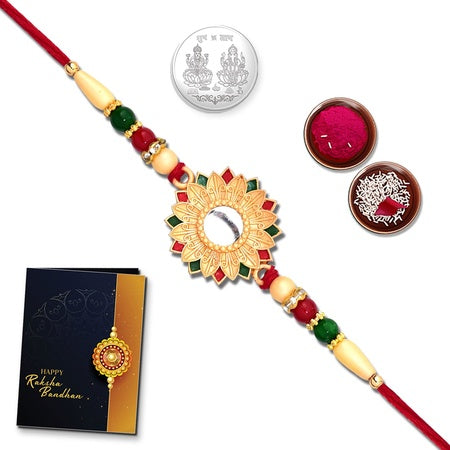 Multicolor Colorful Rakhi Combo With Silver Color Pooja Coin Tilak Set  Greeting Card  Bracelets For Men Stylish  Rakhi In Silver  Handmade Rakhi  Fancy Rakhi For Bro Set Of 1