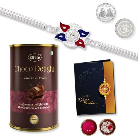 Multicolor Free Hand Drawing Silver Color Rakhi  Bracelet (K1_a30_cd)  Chocolate Delight 96gm With Silver Color Pooja Coin Roli Chawal  Greeting Card  Occasion  Rakhi For Brother With Gift  Rakhi With Chocolate Rakhi Combo For Brothe