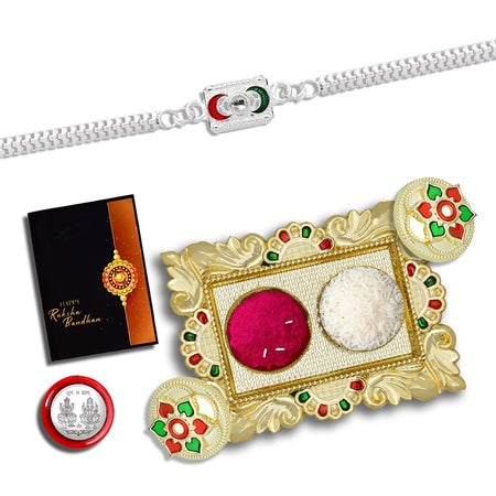 Multicolor Rakhi Combo With Dish Silver Color Pooja Coin  Greeting Card Occasion Stylish Rakhi For Brother Rakhi Brother Rakhi With Gift Handmade Rakhi Set Of 1 Rakhi (K1_a21_aa1)