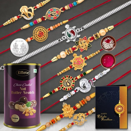(K10_mc31_bs) Rakhi Combo With Chocolate Butter Scotch 96gm Pooja Coin  Greeting Card Rakhi Gift Hamper Rakhi For Brother With Gift Chocolate Gift Pack Rakhi With Chocolate Gift Hemper Fancy Rakhis For Men Rakhi Set Of 10