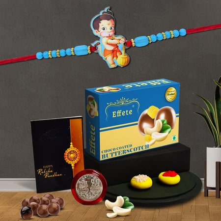 (K1_879_bs32) Rakhi Combo With Chocolate Butter Scotch 32gm Pooja Coin  Greeting Card Rakhi For Brother Kids Rakhi For Kids Boy Kids Rakhi With Gift Rakhi With Chocolate Rakhi With Gift For Kids Rakhi For Kids Rakhi Set Of 1