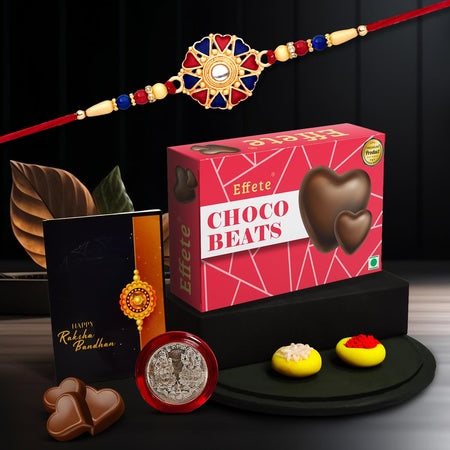 Multicolor Hearts Diamond Colorful Beads Rakhi  Bracelet (K1_536_cb32)  Chocolate Beats 32gm With Silver Color Pooja Coin Roli Chawal  Greeting Card Occasion Rakhi For Brother With Gift Rakhi With Chocolate Rakhi Combo For Brother S