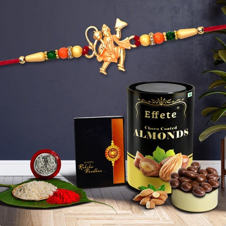 Multicolor Hanuman Rakhi  Bracelet (K1_261_ca)  Chocolate Almonds 96gm With Silver Color Pooja Coin Roli Chawal  Greeting Card  Occasion  Rakhi For Brother With Gift  Bracelets For Men Stylish Rakhi Combo For Brother  Set Of 1 Rakhi
