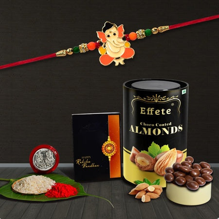 Multicolor Orange Rakhi  Bracelet (K1_255_ca)  Chocolate Almonds 96gm With Silver Color Pooja Coin Roli Chawal  Greeting Card Occasion Rakhi  Chocolate For Brother Rakhi With Chocolate Rakhi With Gift Rakhi Combo Set Of 1 Rakhi