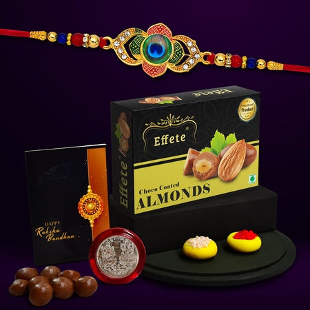 Rakhi For Brother Set Of 1 With Chocolate Almonds 32gm Pooja Coin With Greating Card Rakhi For Kids Brother And Bhabhi Rakhi With Chocolate Sweets Rakhi Gift Rakhi Combo (K1_549_ca32)