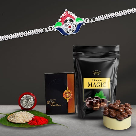 (K1_c9_sp) Multicolor Bracelet Rakhi With Chocolate Magic 32gm Silver Color Pooja Coin Roli Chawal  Greeting Card Rakhi For Brother With Gift  Handmade Rakhi Rakhi Combo For Brother  Stylish Rakhi For Brother  Set Of 1 Rakhi