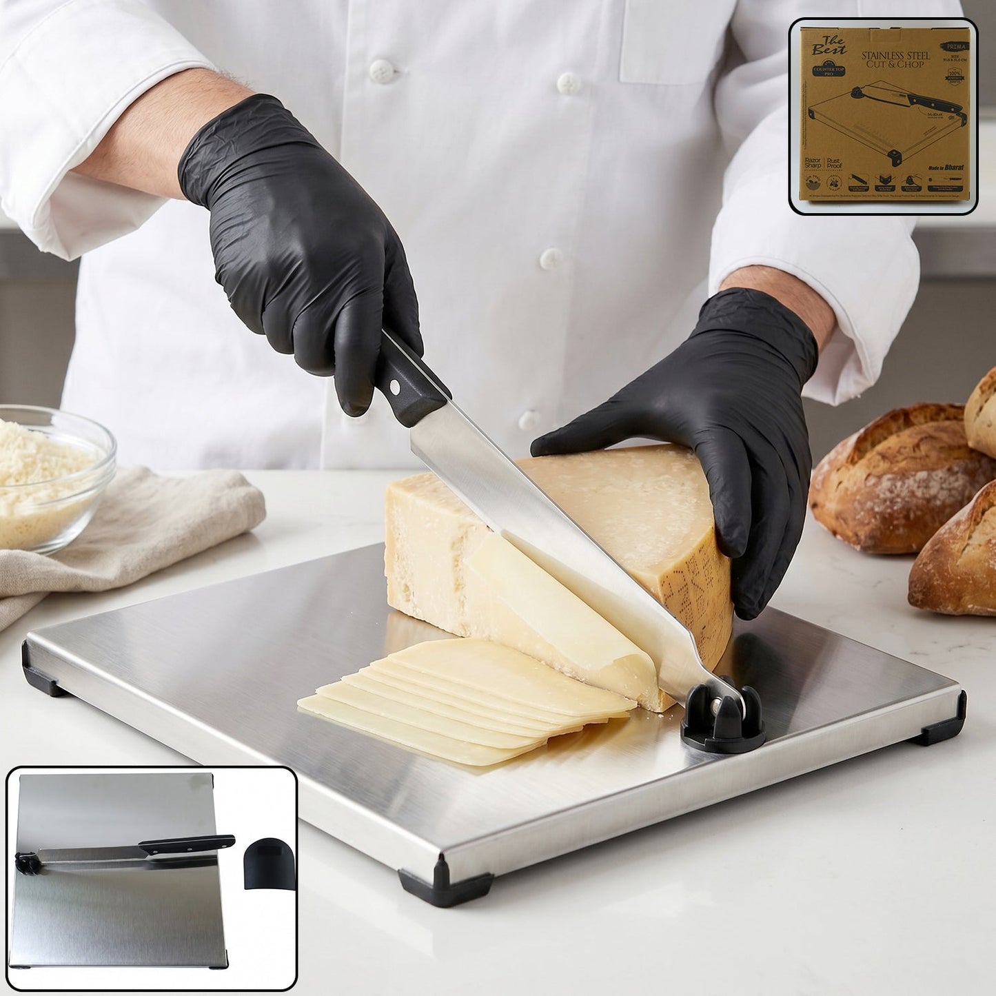 Stainless Steel 2 In 1 Cutting And Chopping Board With Built In Knife (1 Set)