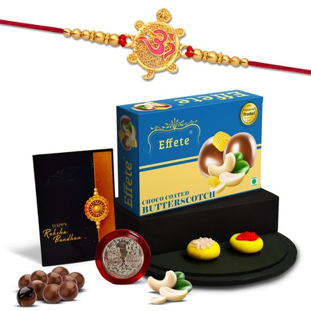 Multicolor Om Printed On Turtle Gold Color Rakhi  Bracelet (K1_1_mds)  Mango Milk Drink With Silver Color Pooja Coin Roli Chawal  Greeting Card  Occasion  Rakhi For Brother With Gift  Rakhi With Milkshake Rakhi Combo For Brother  Set Of 1