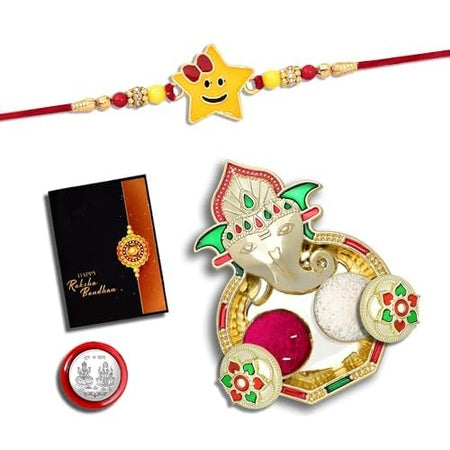 Rakhi For Brother Set Of 1 With Dish Silver Coin  Greeting Card Rakhi For Brother And Bhabhi Rakhi With Gift For Brother Rakhi For Kids Rakhi Set Rakhi Combo (K1_274_aa3)