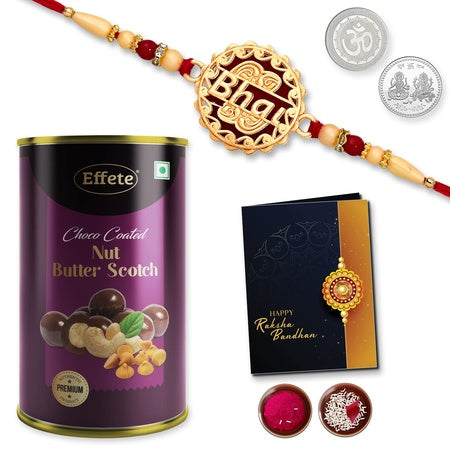(K1_527_bs) Multicolor Bhai Coded Rakhi Combo With Chocolate Butter Scotch 96gm Silver Color Pooja Coin Roli Chawal  Greeting Card Occasion Rakhi For Brother With Gift Chocolate Gift Pack Rakhi With Chocolate Gift Hemper Bracelets Fo