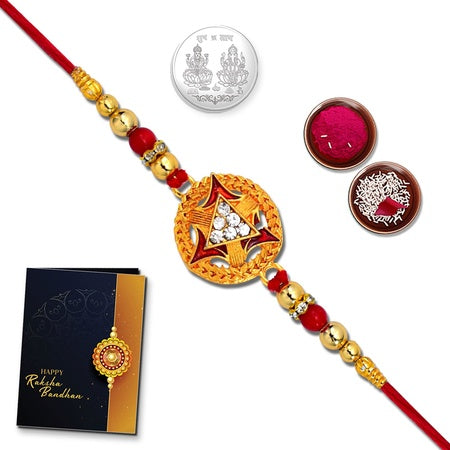 Unisex-adult Rakhi Combo With (K1_4) With Pooja Coin Tilak Set  Rakhi Card Rakhi For Brother  Bhabhi Silver Rakhi For Brother Bhaiya Bhabhi Rakhi Set Chandi Ki Rakhi Set Of 1