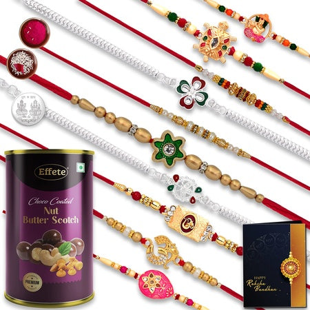 Rakhi Combo Gift For Brother With Chocolate Butterscotch  Best Rakhi Collection  New Rakhi  Rakhi Gift Pack For Sister  Rakhi Set Of 10 With Greeting Cardroli-chavalcoin(K10_mc11_bs)