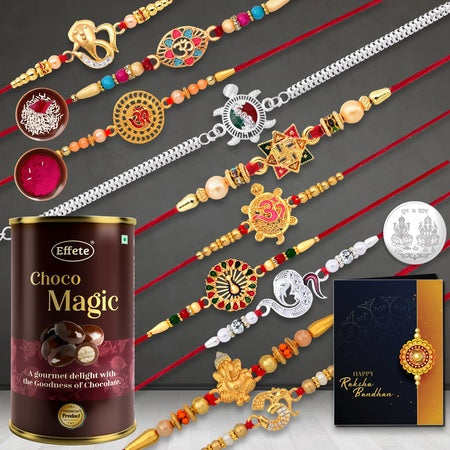 Multicolor Bracelet Rakhi (K10_mc9_cd)  Chocolate Combo With Silver Color Pooja Coin Roli Chawal  Greeting Card  Occasion  Rakhi For Brother With Gift  Rakhi With Chocolate Rakhi Combo For Brother  Set Of 10 Rakhi  Rakhi Chocolate