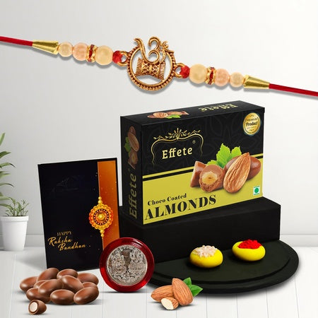 Rakhi For Brother Set Of 1 With Chocolate Almonds 32gm  Shiva Damru Rakhi  Premium Rakhis (K1_414_ca32)