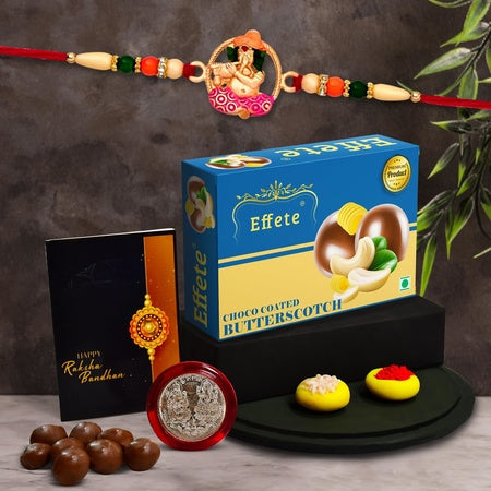 (K1_522_ca32) Multicolor Idol Ganesh Rakhi Combo With Chocolate Almonds 32gm Silver Color Pooja Coin Roli Chawal  Greeting Card Occasion Rakhi  Chocolate For Brother Bracelets For Men Stylish Rakhi With Gift Rakhi Combo Set Of 1 Ra