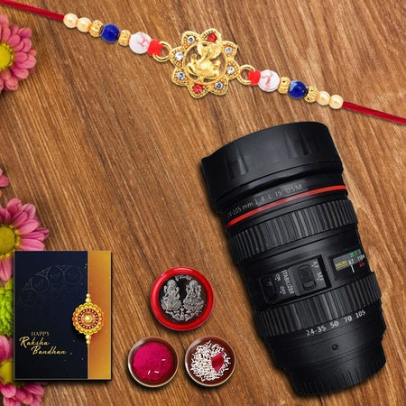 Mens (K1_6_m720) Multicolor Om Diamonds Beads Gold Color Rakhi Combo With Camera Lens Coffee Mug Silver Color Pooja Coin  Greeting Card  New Rakhi Collection  Set Of 1