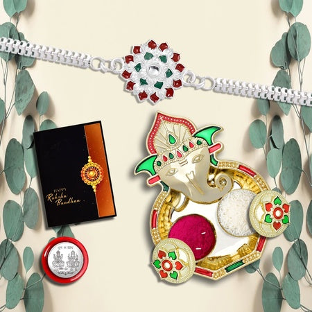 Rakhi For Brother Set Of 1 With Dish Silver Coin  Greeting Card Rakhi For Brother And Bhabhi Rakhi With Gift For Brother Rakhi For Kids Rakhi Set Rakhi Combo (K1_a36_aa3)