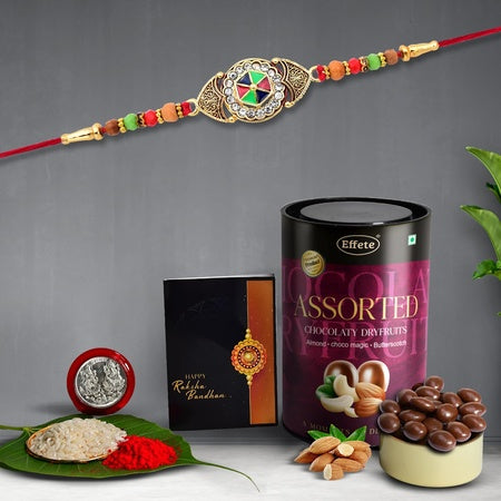 (K1_411_as) Rakhi Combo With Assorted Chocolate Dryfruits 96gm Rakhi For Brother With Gift Chocolate Gift Pack Rakhi With Chocolate Gift Hemper Fancy Rakhis For Men Set Of 1 Rakhi