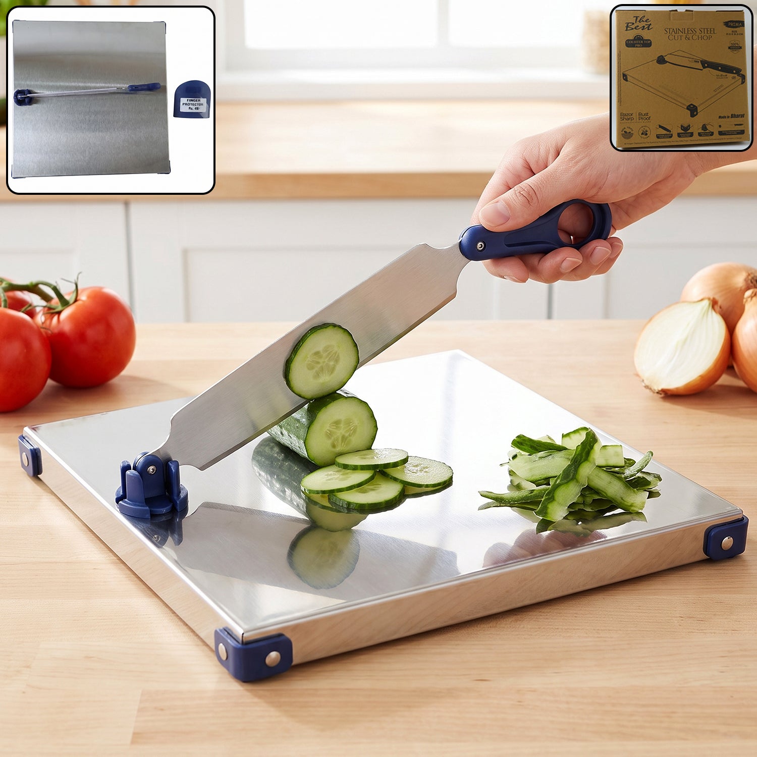 Stainless Steel 2 In 1 Cutting Chopping Board With Knife Finger Guard (1 Set)