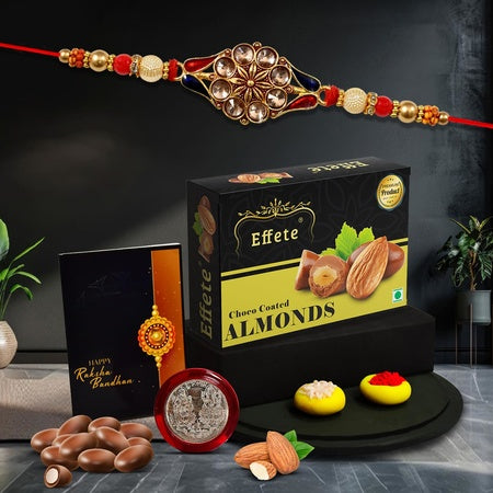 Rakhi For Brother Set Of 1 With Silver Color Pooja Coin Rakhi With Sweets (K1_293_ca32)