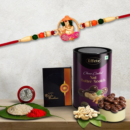 (K1_522_bs) Multicolor Idol Ganesh Rakhi Combo With Chocolate Butter Scotch 96gm Silver Color Pooja Coin Roli Chawal  Greeting Card Occasion Stylish Rakhi For Brother Rakhi  Chocolate For Brother Rakhi Brother Rakhi With Gift Handm
