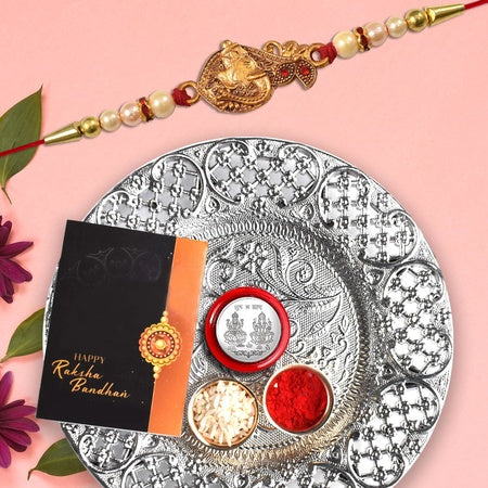 Silver Color Dish With Multicolor Rakhi Combo  Greeting Card  Silver Color Pooja Coin  Brother Sister Rakhi  Stylish Rakhi For Brother  Rakhi With Gift  Set Of 1 Rakh (K1_129_ds)