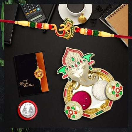 Rakhi For Brother Set Of 1 With Dish Silver Coin  Greeting Card Rakhi For Brother And Bhabhi Rakhi With Gift For Brother Rakhi For Kids Rakhi Set Rakhi Combo (K1_308_aa3)
