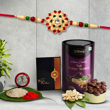 Multicolor Layered Flower Rakhi  Bracelet (K1_501_bs)  Chocolate Butter Scotch 96gm With Silver Color Pooja Coin Roli Chawal  Greeting Card  Occasion  Rakhi For Brother With Gift  Rakhi With Chocolate Rakhi Combo For Brother  Set Of