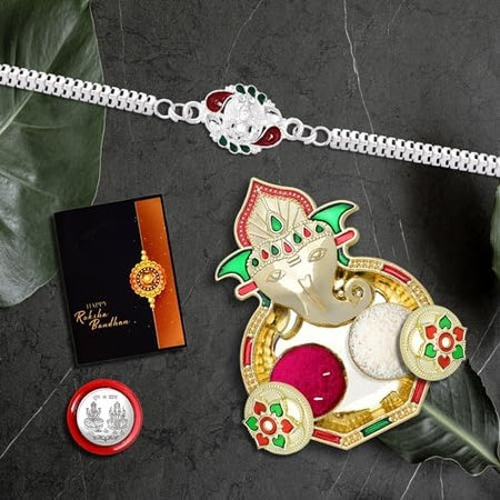 Rakhi For Brother Set Of 1 With Dish Silver Coin  Greeting Card Rakhi For Brother And Bhabhi Rakhi With Gift For Brother Rakhi For Kids Rakhi Set Rakhi Combo (K1_a32_aa3)