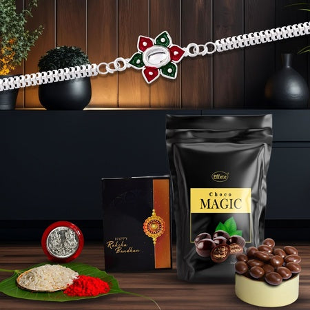 (K1_a36_sp) Multicolor Rakhi Combo With Chocolate Magic 32gm Silver Color Pooja Coin Roli Chawal  Greeting Card Occasion Stylish Rakhi For Brother Rakhi  Chocolate For Brother Rakhi Brother Rakhi With Gift Handmade Rakhi Set Of 1