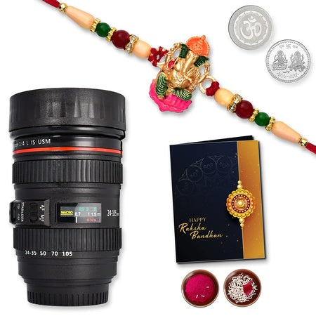 Multicolor (K1_268_m720) Colorful Ganesh Rakhi Combo With Camera Lens Coffee Mug Silver Color Pooja Coin  Greeting Card  Occasion  Rakhi For Brother With Gift  Rakhi Mug Brother  Rakhi Combo For Brother  Fancy Rakhi For Brother  Tea Mug  M