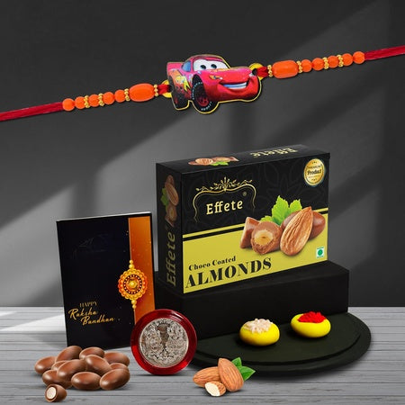 (K1_880_ca32) Rakhi Combo With Chocolate Almonds 32gm Pooja Coin  Greeting Card Rakhi For Brother Kids Rakhi For Kids Boy Kids Rakhi With Gift Rakhi With Chocolate Rakhi With Gift For Kids Rakhi For Kids Rakhi Set Of 1