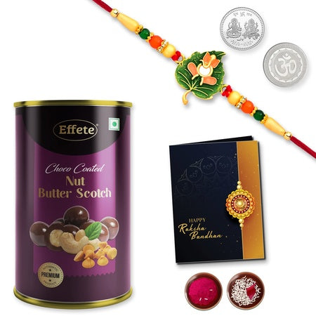 Multicolor Leaf Shped Rakhi  Bracelet (K1_307_bs)  Chocolate Butter Scotch 96gm With Silver Color Pooja Coin Roli Chawal  Greeting Card  Occasion  Rakhi For Brother With Gift  Bracelets For Men Stylish Rakhi Combo For Brother  Set O