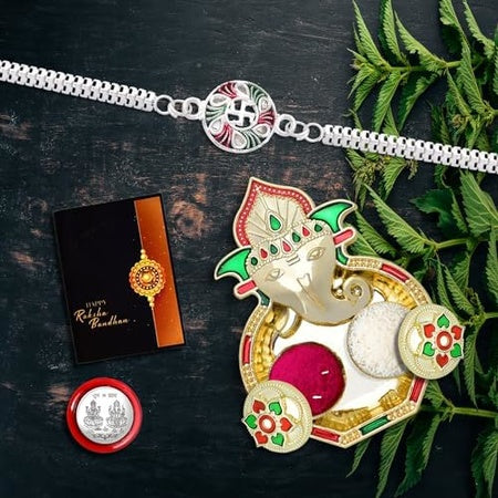 Rakhi For Brother Set Of 1 With Dish Silver Coin  Greeting Card Rakhi For Brother And Bhabhi Rakhi With Gift For Brother Rakhi For Kids Rakhi Set Rakhi Combo (K1_a33_aa3)