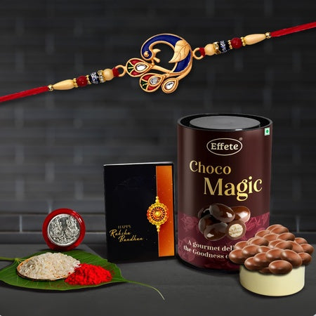 (K1_503_cd) Multicolor Blue Peacock Rakhi Combo With Chocolate Delight 96gm Silver Color Pooja Coin Roli Chawal  Greeting Card  Occasion  Rakhi For Brother With Gift  Bracelets For Men Stylish Rakhi Combo For Brother  Set Of 1 Rakhi