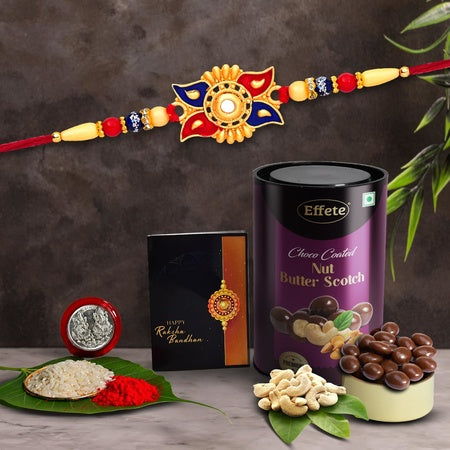 (K1_312_bs) Multicolor Rakhi Combo With Chocolate Butter Scotch  Silver Color Pooja Coin Roli Chawal  Greeting Card  Occasion  Rakhi For Brother With Gift  Chocolate Gift Pack Rakhi With Chocolate Gift Hemper  Bracelets For Men  Set
