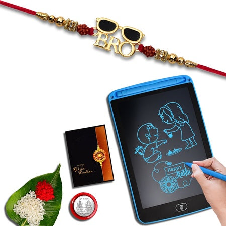 Multicolor Rakhi (K1_901_1360)  Lcd Writing Padtablet For Kids With Silver Color Pooja Coin  Greeting Card  Occasion  Kids Silver Rakhi  Rakhi For Brother With Gift Kids  Gifts For Little Brother  Fancy Rakhi For Brother  Set Of 1 Rakhi