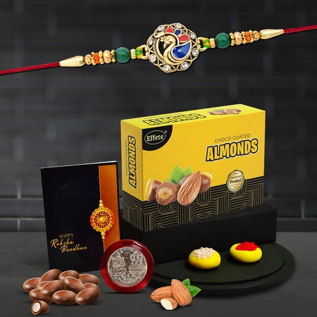 Rakhi Combo (K1_408_ea32)  Chocolate Almond 32gm With Pooja Coin  Greeting Card  Rakhi Gift Hamper  Rakhi Combo With Card And Chocolate  Chocolates Gift  Rakhi  Chocolate For Brother  Rakhi With Gift  Rakhi Set Of 1