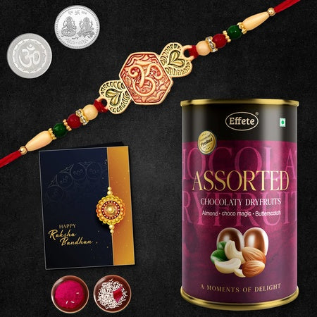 Multicolor Simple Heart Rakhi  Bracelet (K1_528_as)  Assorted Chocolate Dry Fruits 96gm With Silver Color Pooja Coin Roli Chawal  Greeting Card Occasion Rakhi For Brother With Gift Rakhi With Chocolate Rakhi Combo For Brother Set Of