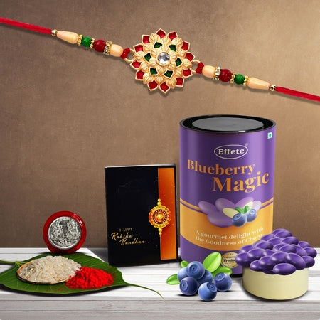(K1_501_as) Multicolor Layered Flower Rakhi Combo With Assorted Chocolate Dry Fruits 96gm Silver Color Pooja Coin Roli Chawal  Greeting Card Occasion Rakhi For Brother With Gift Chocolate Gift Pack Rakhi With Chocolate Gift Hemper Br