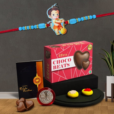 Rakhi Combo (K1_879_cb32)  Chocolate Beats 32gm With Pooja Coin  Greeting Card Rakhi With Gift For Kids Rakhi For Kids Rakhi For Brother Kids Rakhi With Chocolate Rakhi For Kids Boy Kids Rakhi With Gift Rakhi Set Of 1