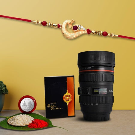 Multicolor (K1_258_m720) Rakhi Combo With Camera Lens Coffee Mug Silver Color Pooja Coin  Greeting Card  Occasion  Rakhi For Brother With Gift  Rakhi Mug Brother  Rakhi Combo For Brother  Fancy Rakhi For Brother  Tea Mug  Men Fancy Rakhi